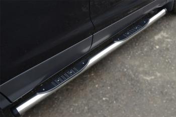 Пороги труба с накладками (d76) SLITKOFF Land Rover Range Rover Evoque  1 L538 (2011-2018) дорестайлинг 3 дв., дорестайлинг 5 дв., рестайлинг 3 дв., рестайлинг 5 дв. (нержавейка, на торцах пластиковые заглушки)