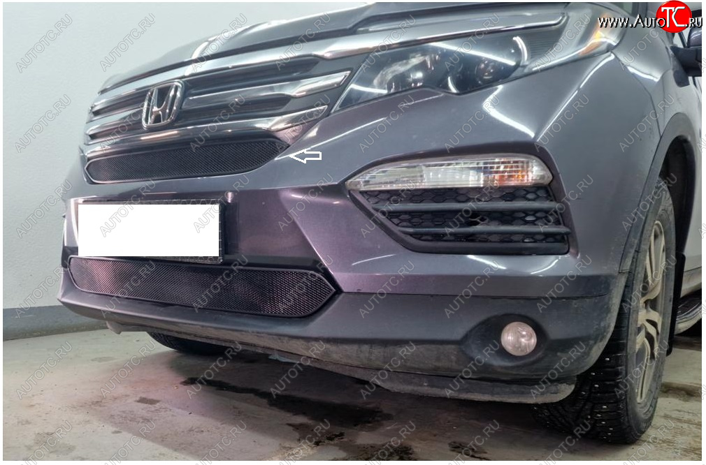 2 169 р. Защитная сетка в бампер (верх, ячейка 3х7 мм) Alfeco Стандарт Honda Pilot YF6 дорестайлинг (2016-2019) (Чёрная)  с доставкой в г. Чебоксары