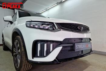 759 р. Зимняя заглушка решетки радиатора (верх с камерой) Стрелка11 Geely Tugella FY11,HPBA4 дорестайлинг (2019-2023) (черная)  с доставкой в г. Чебоксары. Увеличить фотографию 3