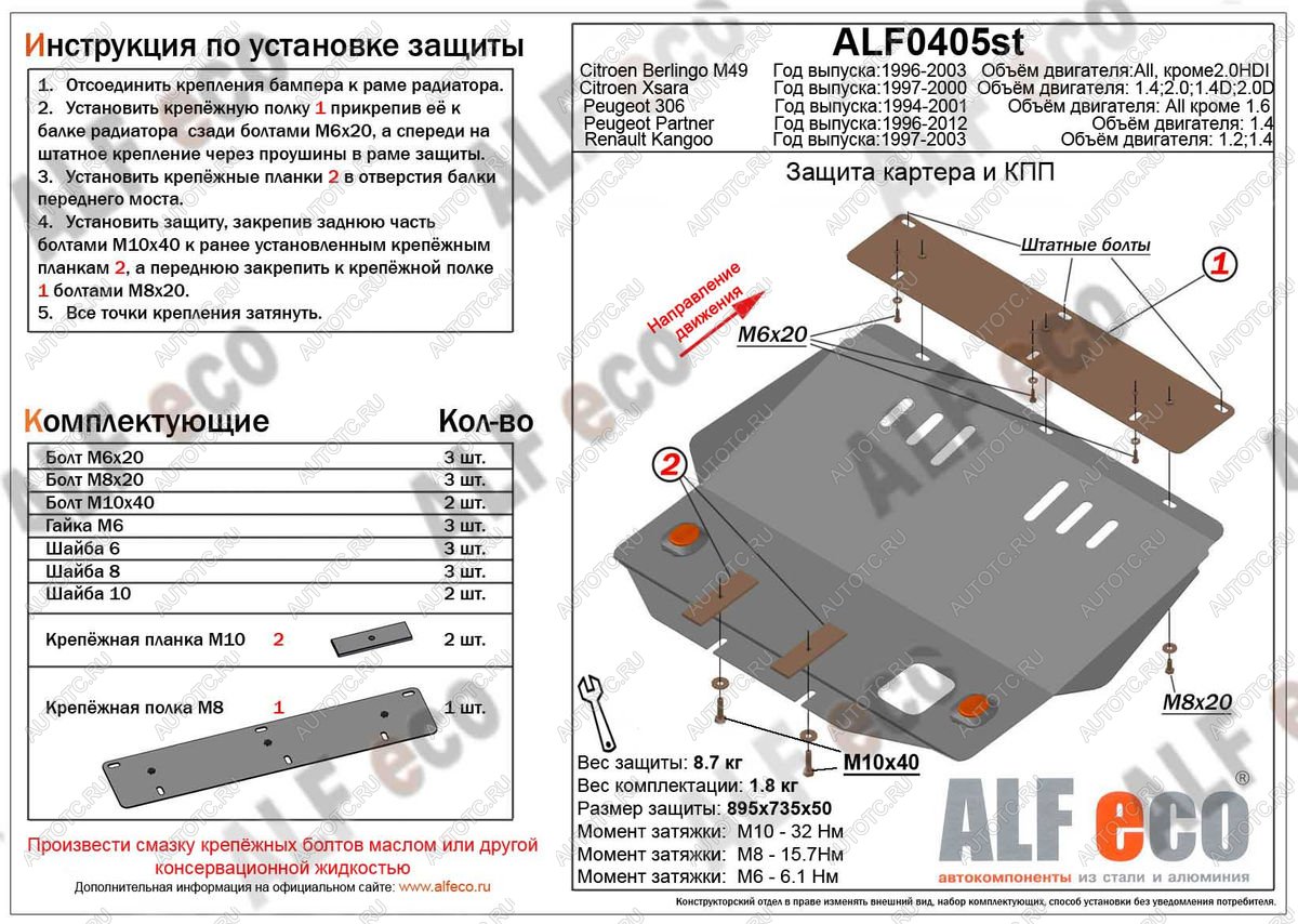 3 999 р. Защита картера и кпп (V-1,1; 1,4; 1,8;2,0;1,9D; 2,0D) ALFECO Peugeot 306 (1993-2002) (сталь 2 мм)  с доставкой в г. Чебоксары