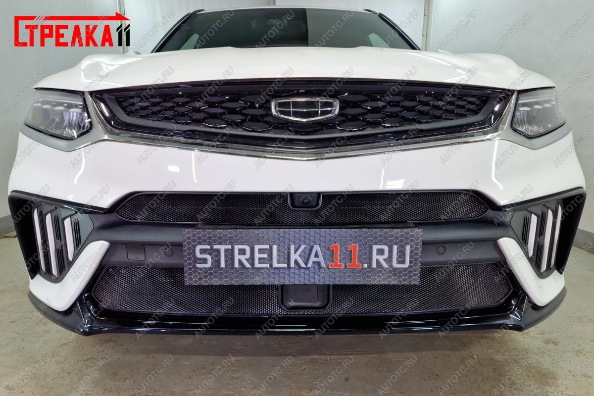 2 599 р. Защита радиатора (верх с камерой) Стандарт Geely Tugella FY11,HPBA4 дорестайлинг (2019-2023) (черная)  с доставкой в г. Чебоксары