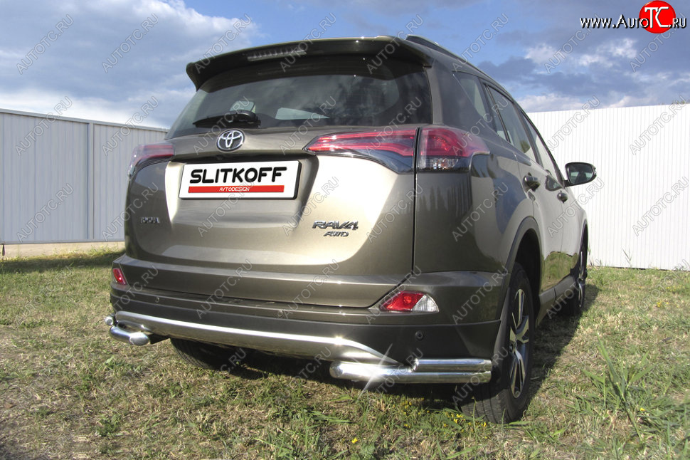 9 799 р. Защита заднего бампера Slitkoff (d57 и 42 мм, уголки) Toyota RAV4 XA40 5 дв. рестайлинг (2015-2019) (Нержавейка полированная)  с доставкой в г. Чебоксары