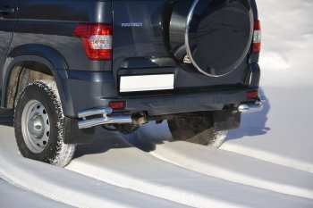 15 349 р. Защита заднего бампера Petroil Tuning (уголки двойные, d63/51)  Уаз Патриот  3163 5-дв. (2014-2016) 1-ый рестайлинг (Нержавеющая полированная сталь)  с доставкой в г. Чебоксары. Увеличить фотографию 3