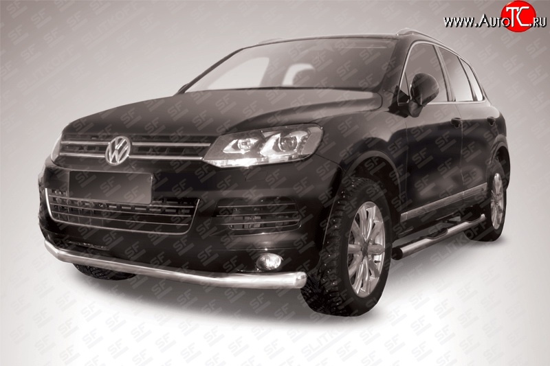 17 899 р. Одинарная защита переднего бампера диаметром 76 мм Slitkoff  Volkswagen Touareg  NF (2010-2014) дорестайлинг (Цвет: нержавеющая полированная сталь)  с доставкой в г. Чебоксары